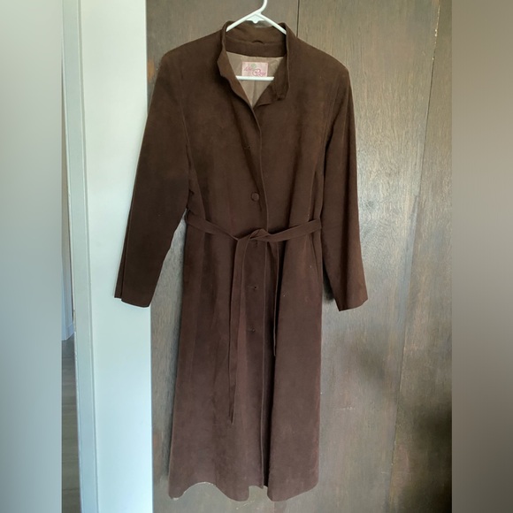 La Belle Rose Vintage made in Vancouver Faux Suede Chocolate Brown Long Coat (L) - Picture 1 of 14